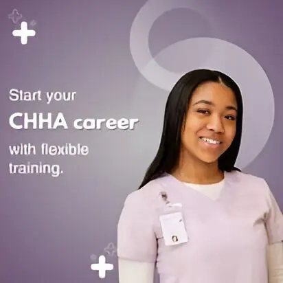 Smiling woman promoting CHHA career opportunities.