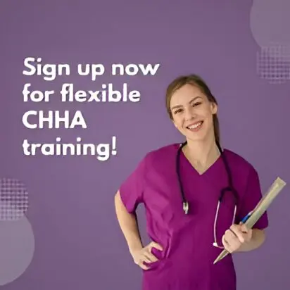Smiling nurse promoting CHHA training sign-up.